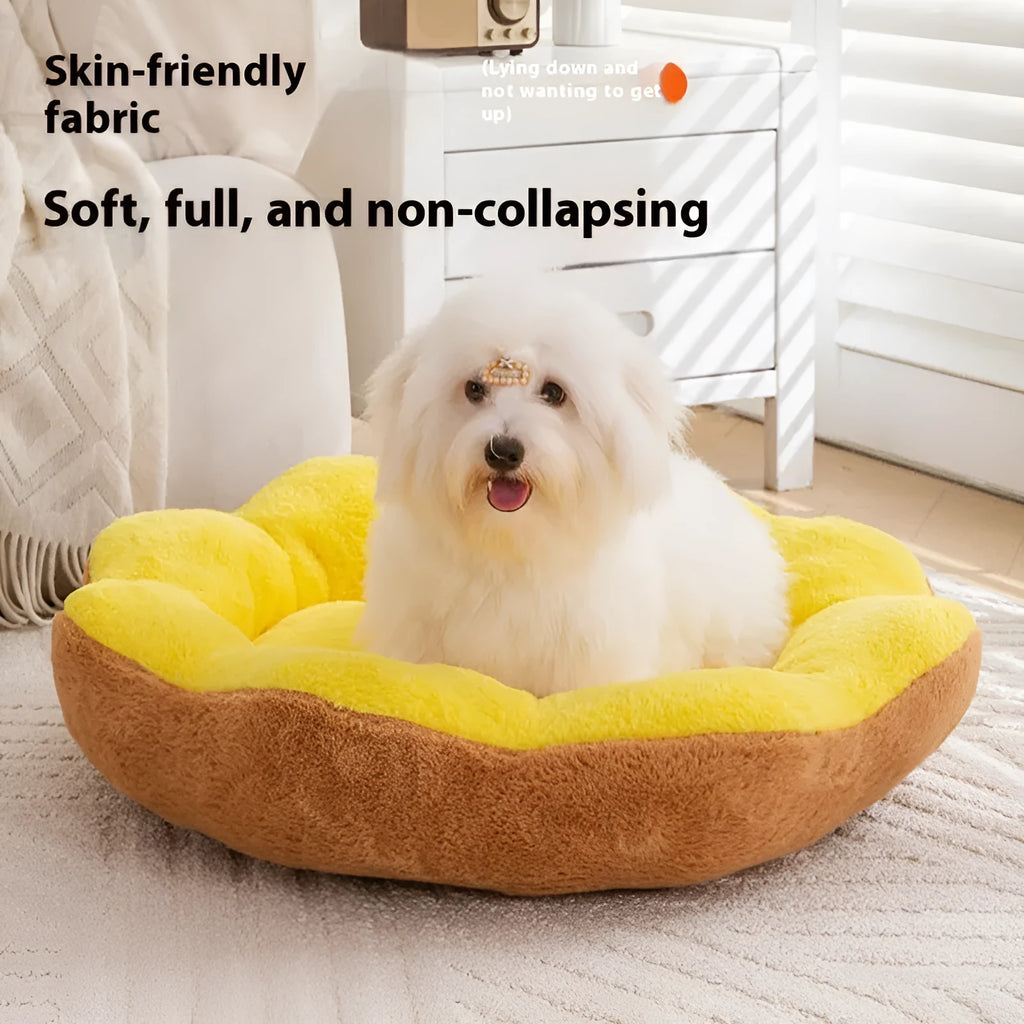 Thick warm rabbit plush round cat bed with removable cover in flower nest pattern colours