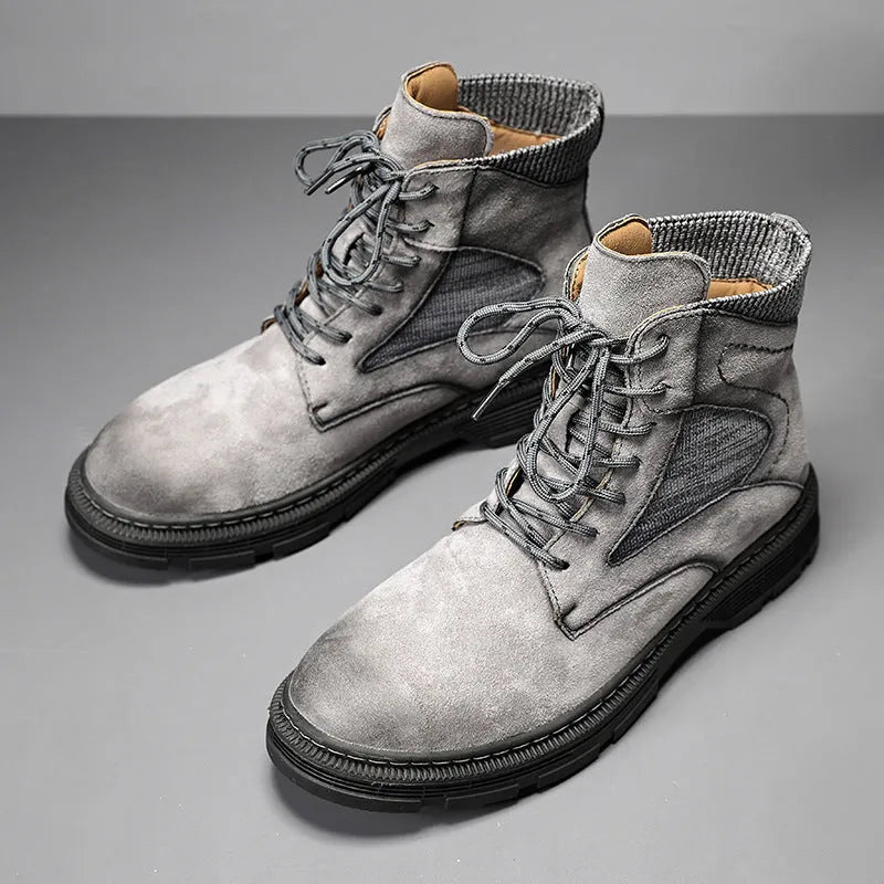 Men's microfibre leather Martin boots with rubber sole in black, grey, or sand.