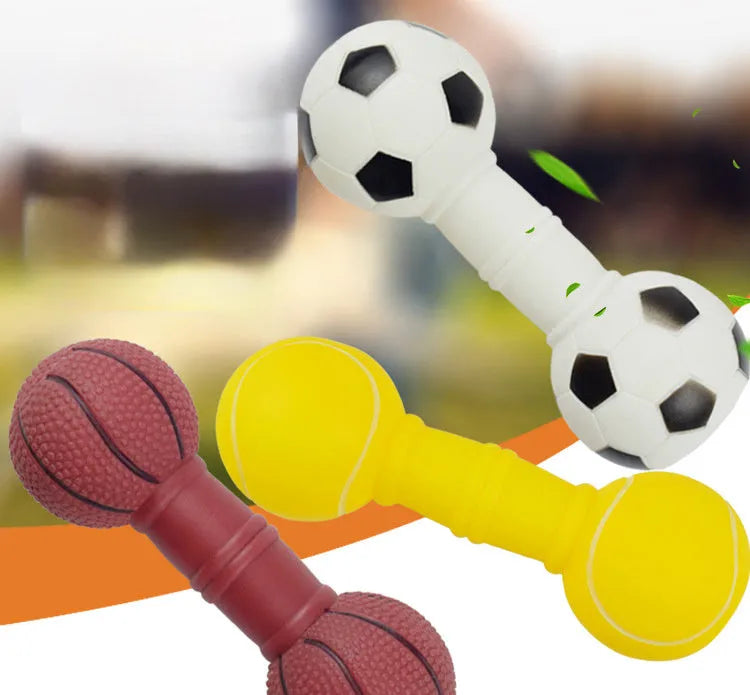 Brown orange white yellow football-dumbbell shaped dog chew toy with squeaky mechanism