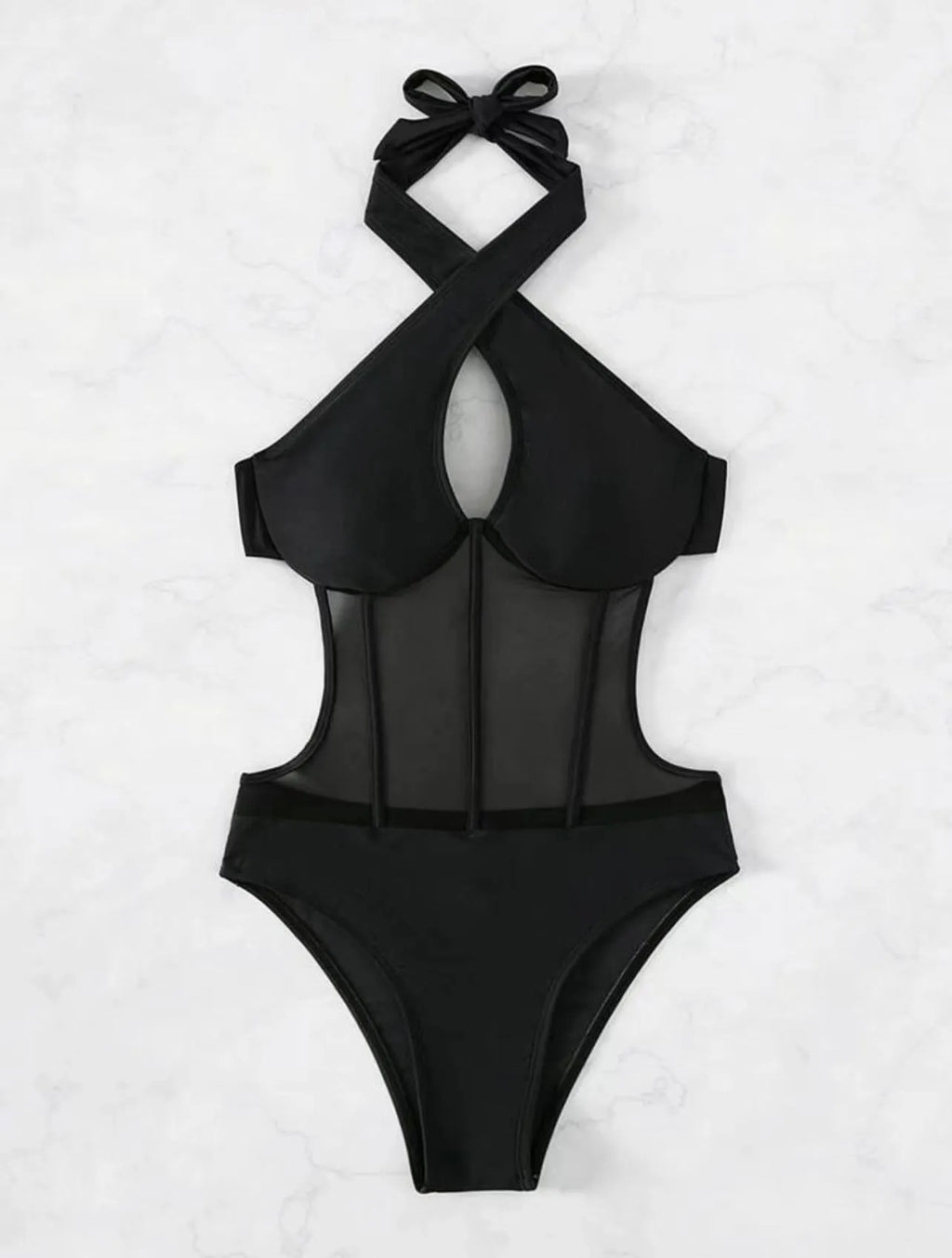 Women's black one-piece spun yarn swimsuit with nylon and spandex construction