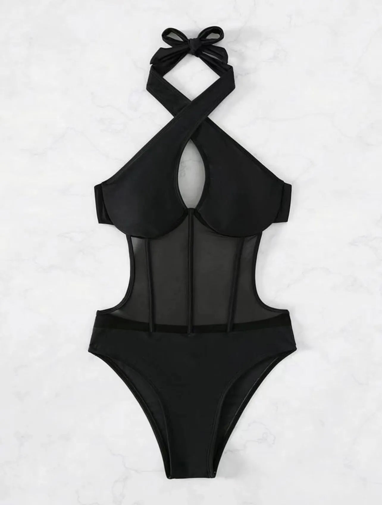 Women's black one-piece spun yarn swimsuit with nylon and spandex construction