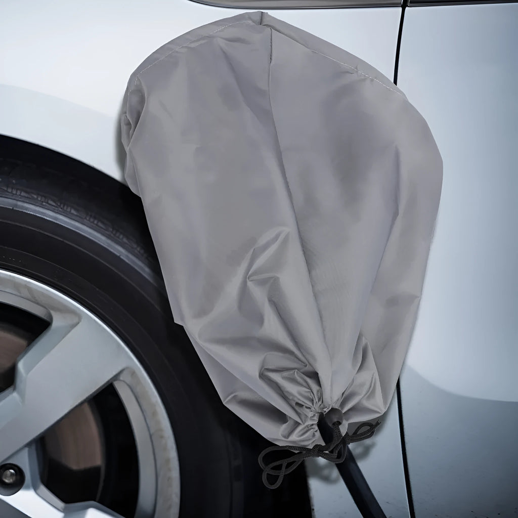Grey waterproof drawstring cover for electric vehicle charging port protection