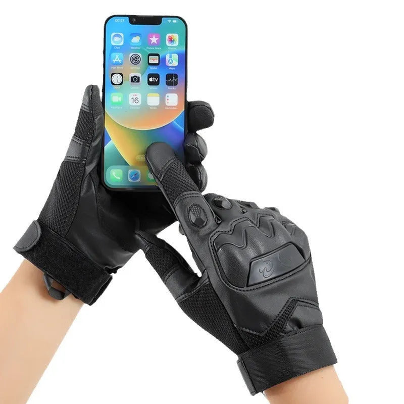 Men's black tactical training gloves with touch screen fingertips and breathable fabric construction