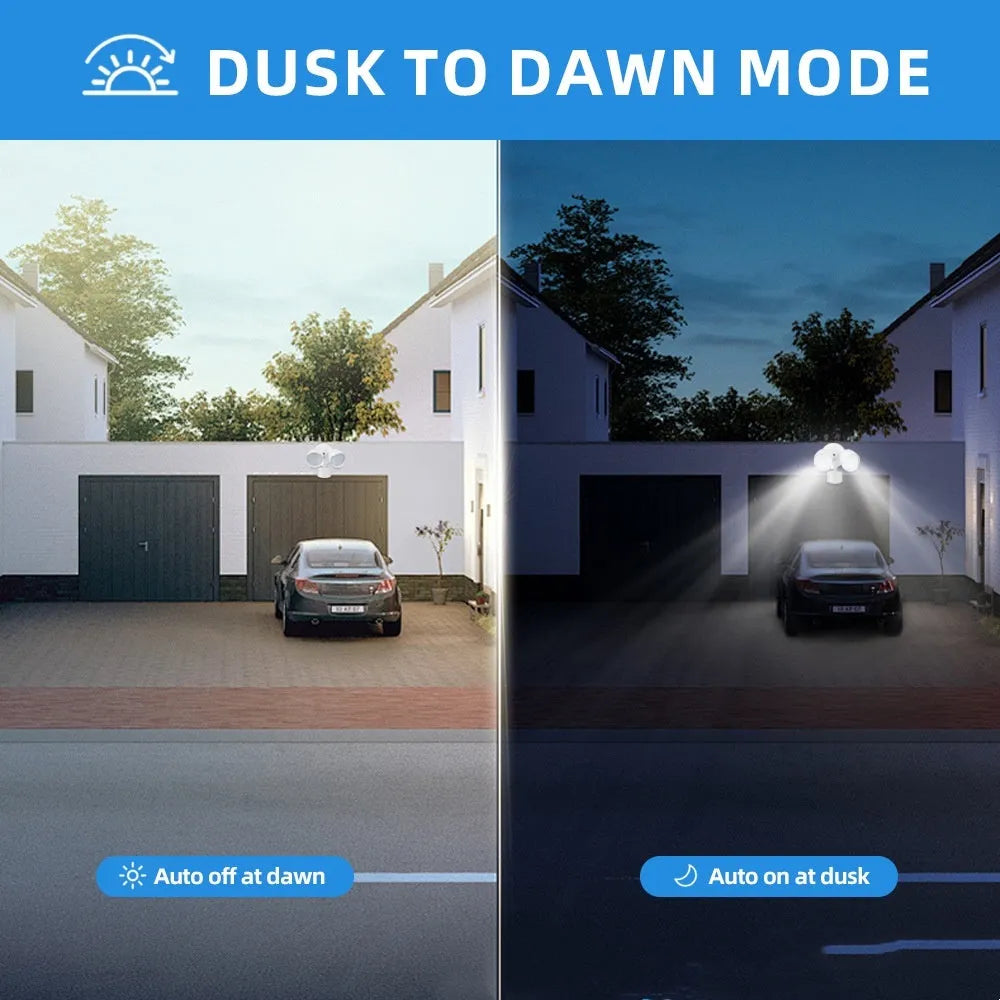 White LED security flood light with motion sensor for outdoor courtyard or garage installation