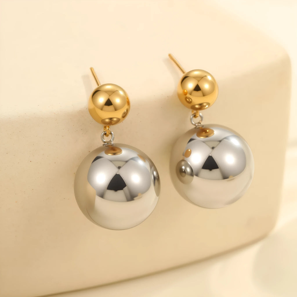 Stainless steel colour-block ear studs with round sphere beads and 18K gold electroplated finish