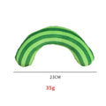 Set of four cat toys including a noise maker and a green striped catnip pillow on a neutral background.