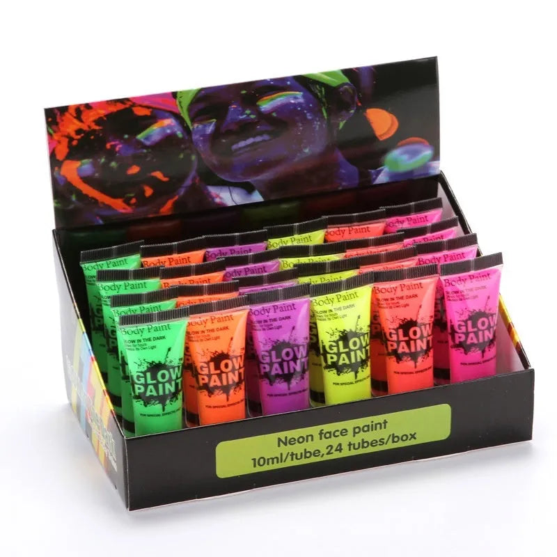 25ml squeeze tube of neon face paint in red, yellow, green, purple, orange, or pink for body art.