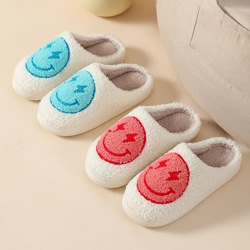 Adult women's plush cartoon pattern slippers with round toe and non-slip PVC sole