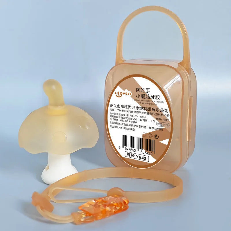 Mushroom-shaped silicone chewing gum in pink or nano colour, 10cm diameter, with transparent box packaging