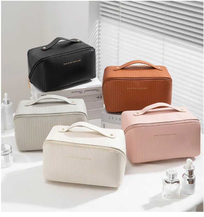 Vertical pattern pillow makeup bag in cubic shape, PU material, shown in available colours.