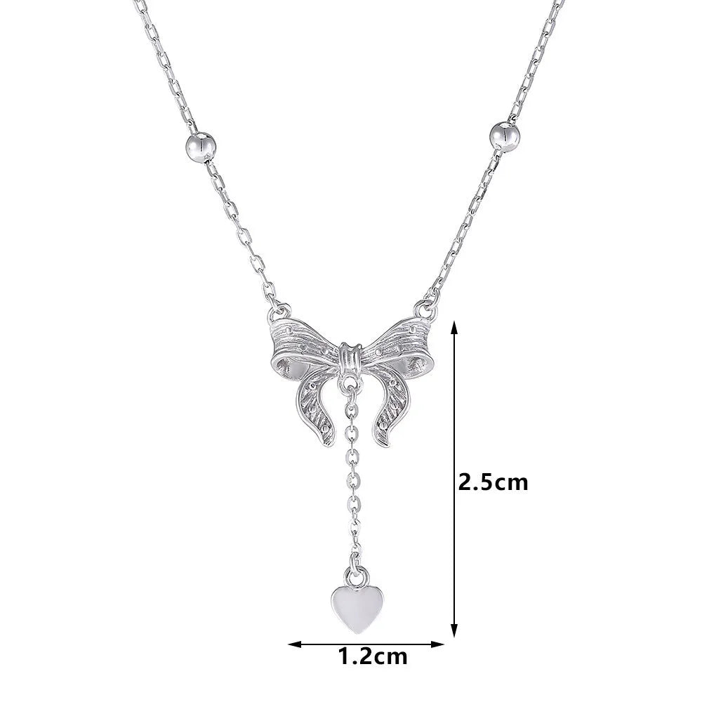 S925 silver butterfly heart necklace with adjustable O-ring chain and bow detailing