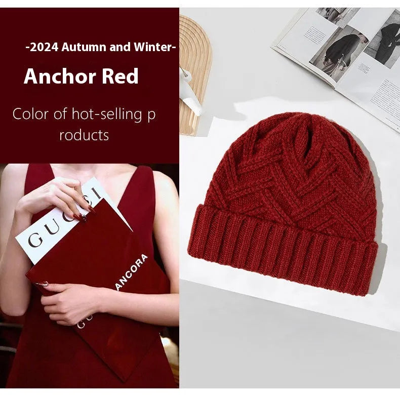 Women's wool knitted dome crown winter hat in six colour options including ivory white and ankela red