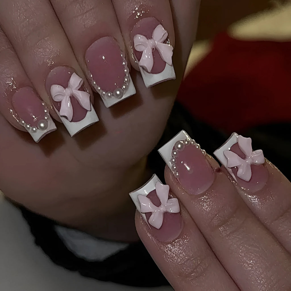 Short French manicure nail art set with multiple patterns including tulips, bows, starry sky, leopard print and XINGX designs