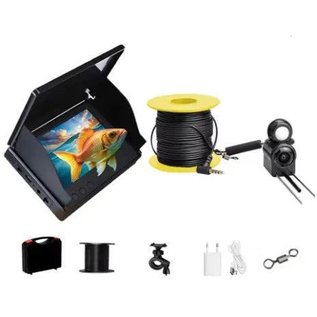 Fish finder unit with 4.3-inch screen connected to an underwater camera on a long cable