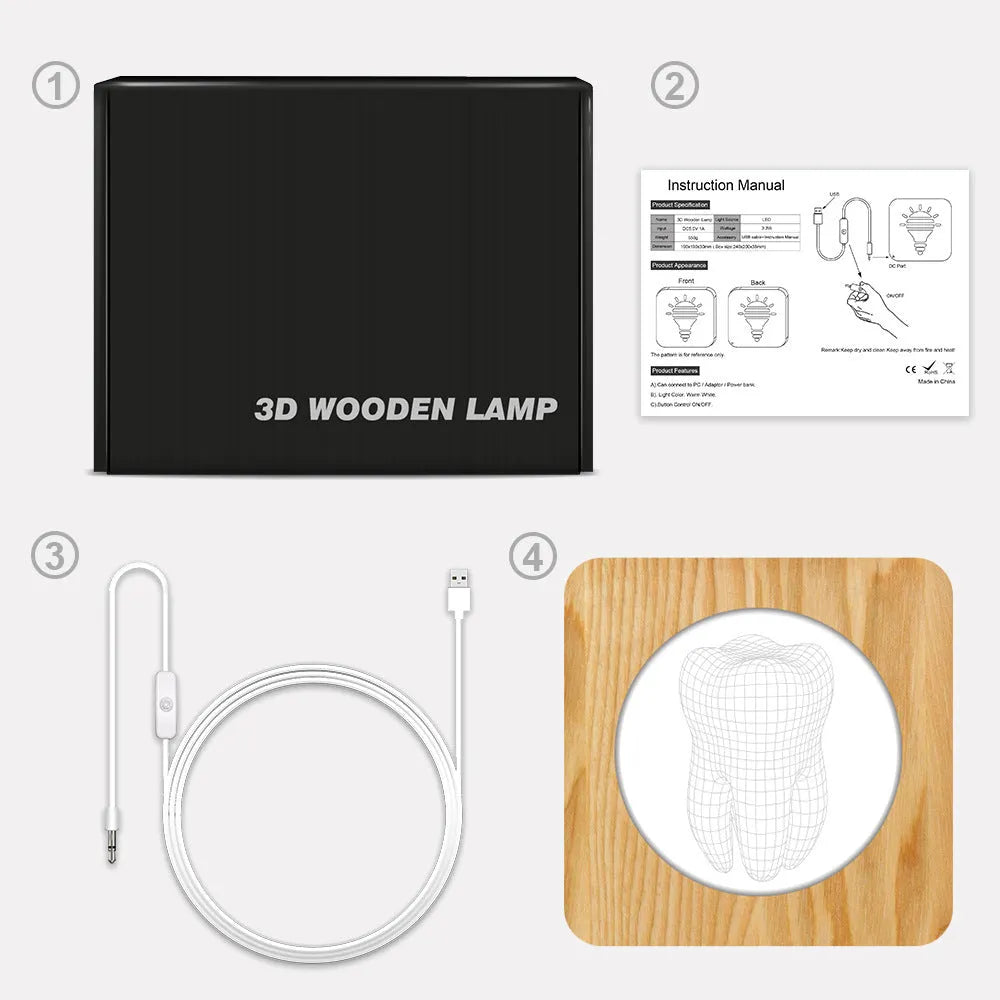 Tooth-shaped wood colour acrylic USB night light on a surface, showing compact size.
