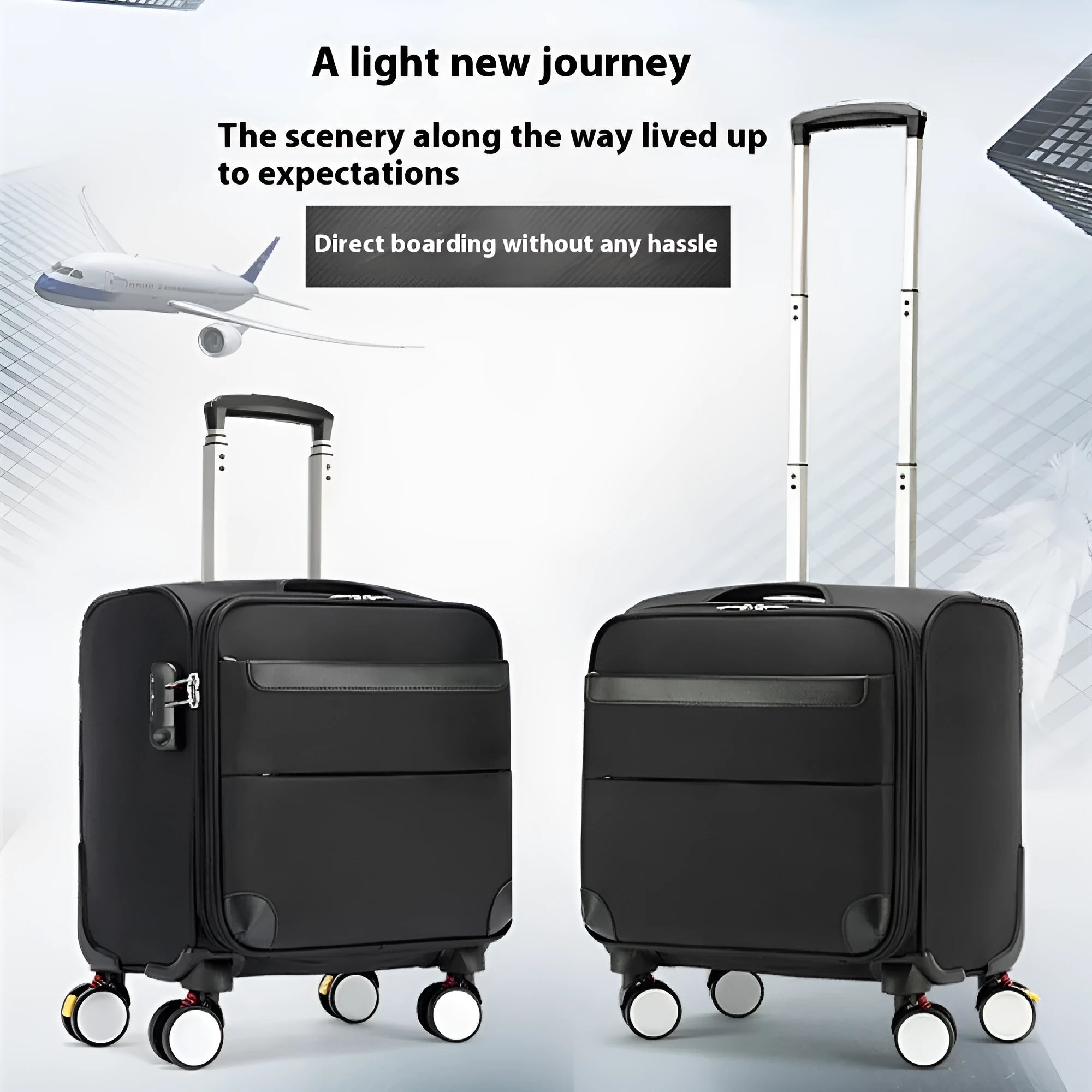 18 inch black Oxford cloth business suitcase with telescopic handle and universal wheels
