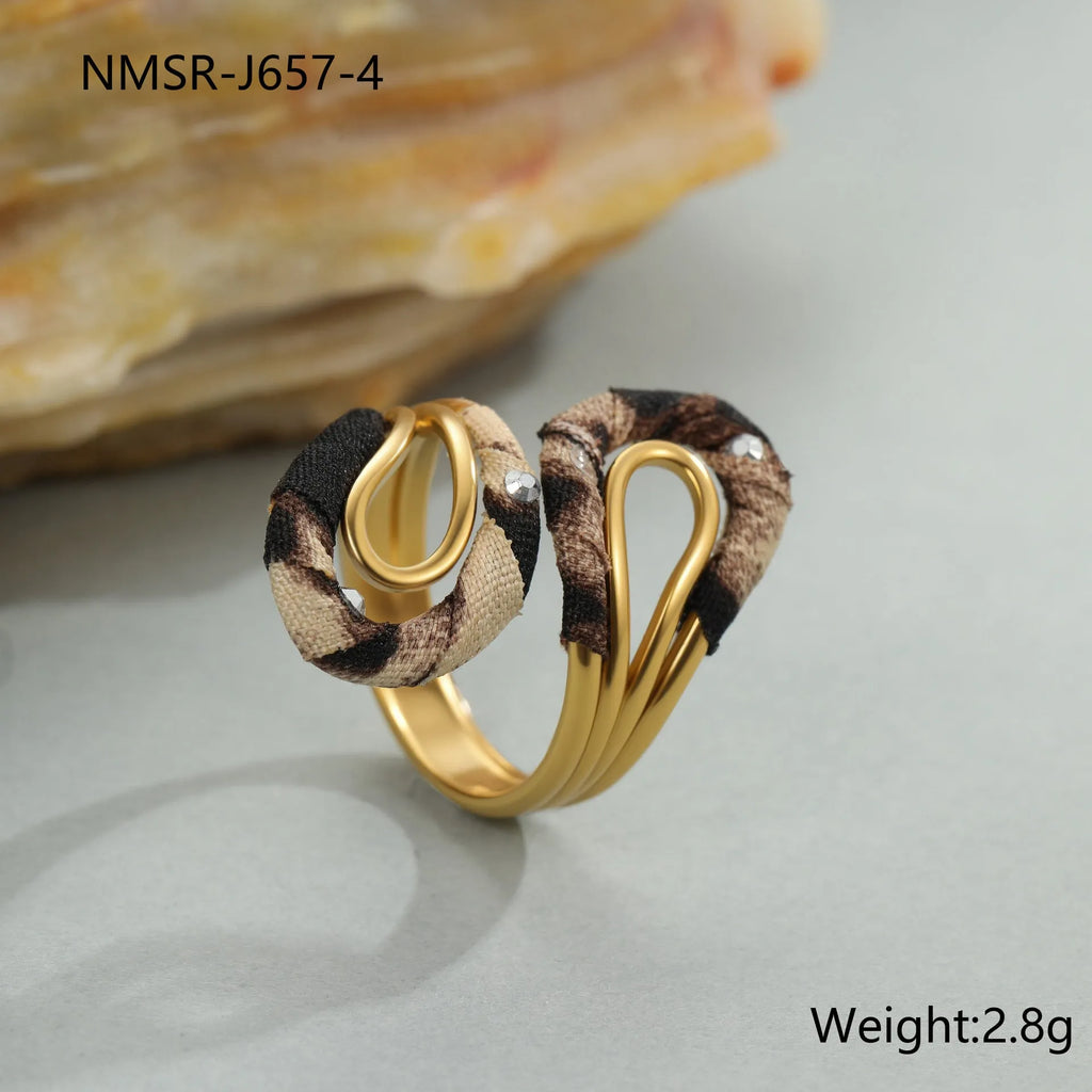Stainless steel open mouth ring with electroplated leopard print and irregular heart and star geometry