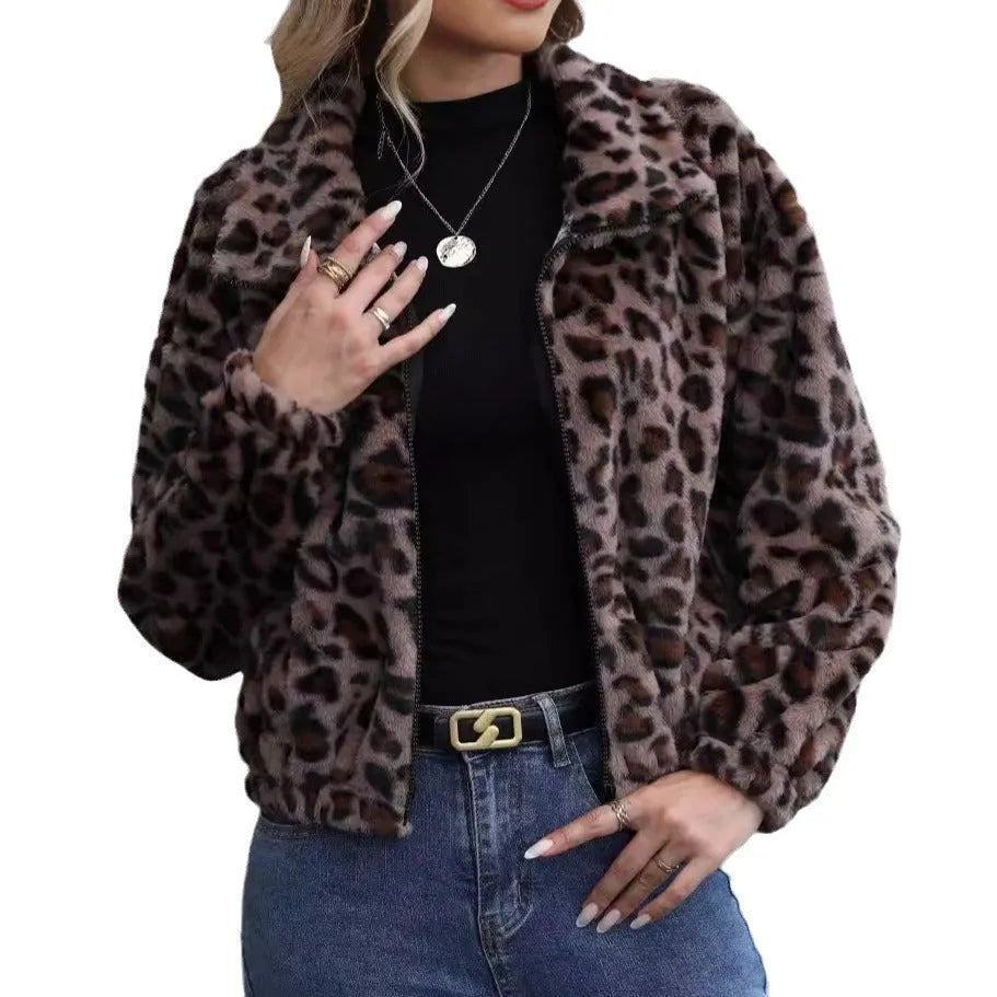 Women's leopard print winter coat with zip front and loose fit in rabbit fur plush fabric