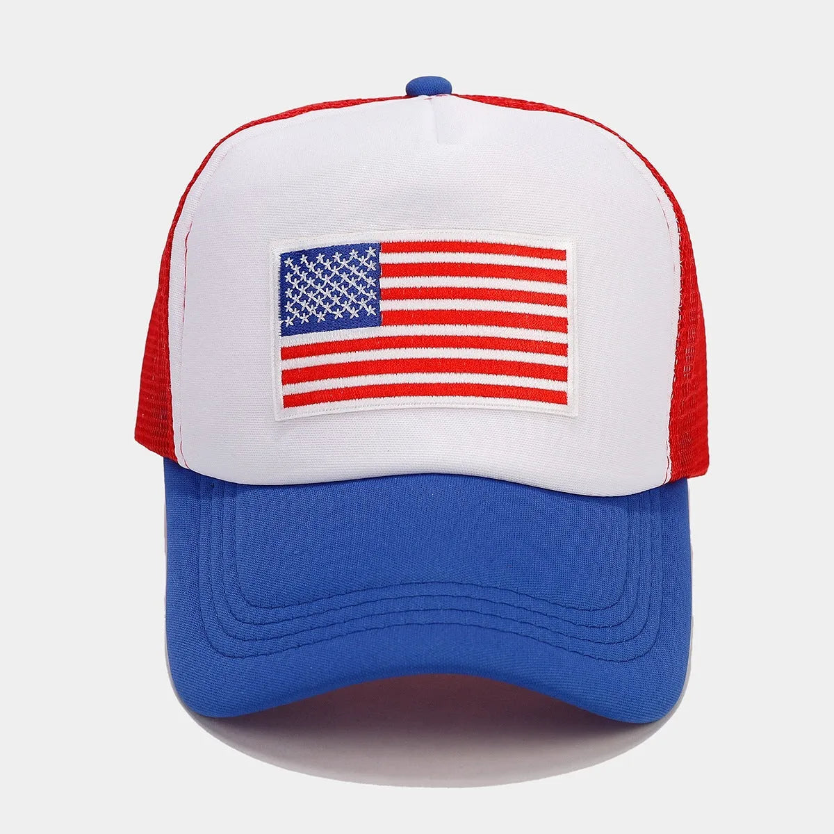 Red and blue contrast mesh breathable baseball cap with adjustable strap and dome crown.