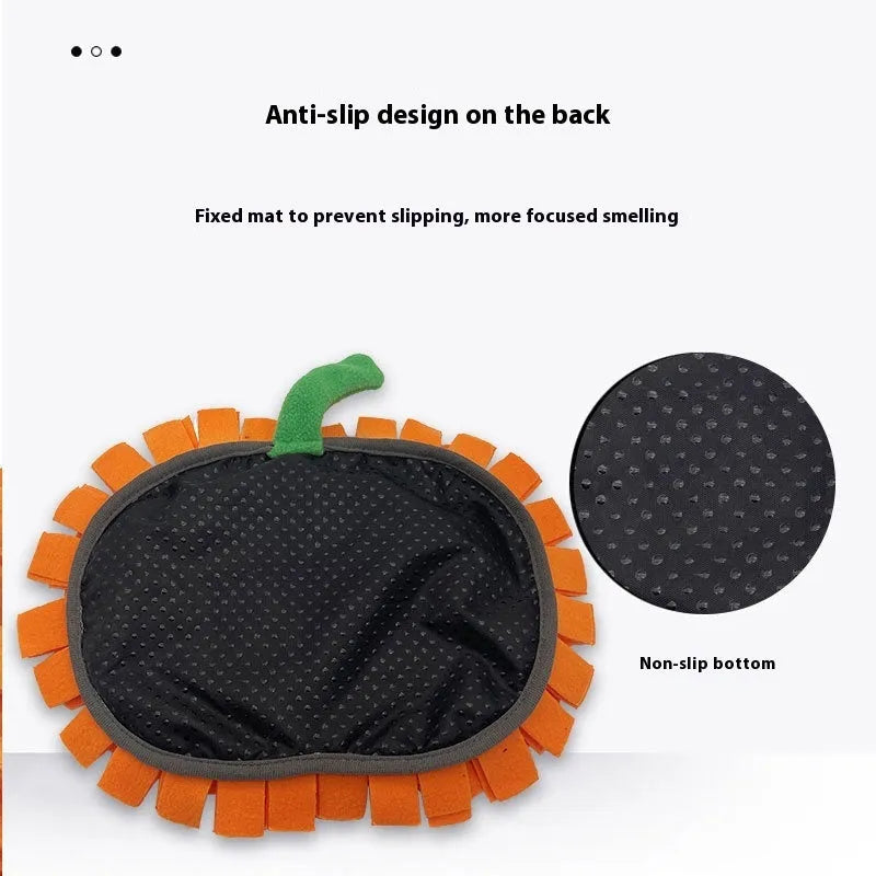 Orange pumpkin-shaped pet slow feeder snuffle mat with textured polar fleece channels