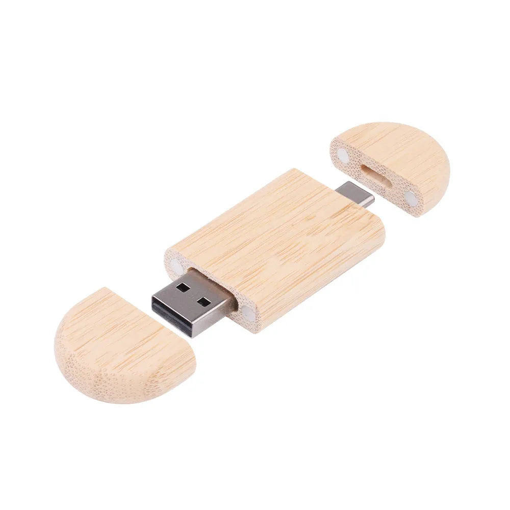 Maple box carved wooden USB flash drive showing both TYPE-C and standard USB connectors