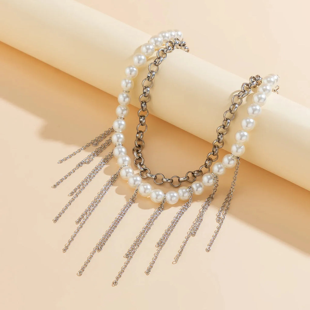 Double-layer imitation pearl tassel necklace with iron pendant and ball bead chain in white K colour
