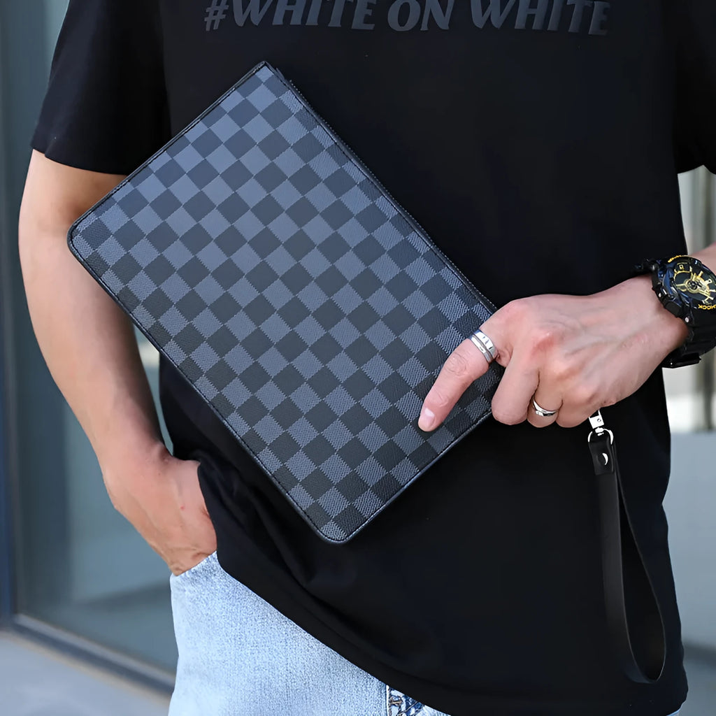 Men's black and brown PU leather clutch wallet with card slots, shown in plaid and smooth finish styles
