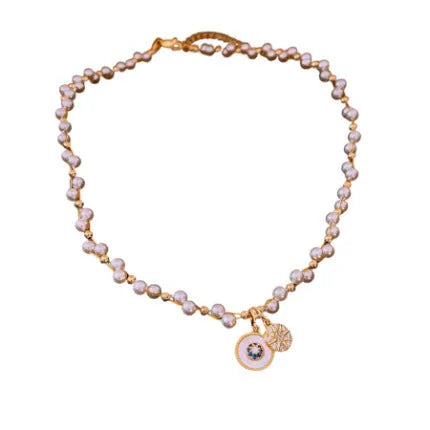 Women's gold electroplated necklace with round zircon-inlaid imitation pearl pendant on clavicle chain