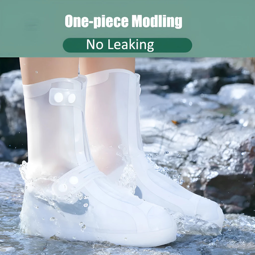 White PVC high top reusable women's water resistant shoe covers showing anti-skid sole and high cylinder design