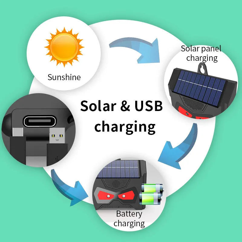 Black solar-powered outdoor ultrasonic animal repeller with charging cable