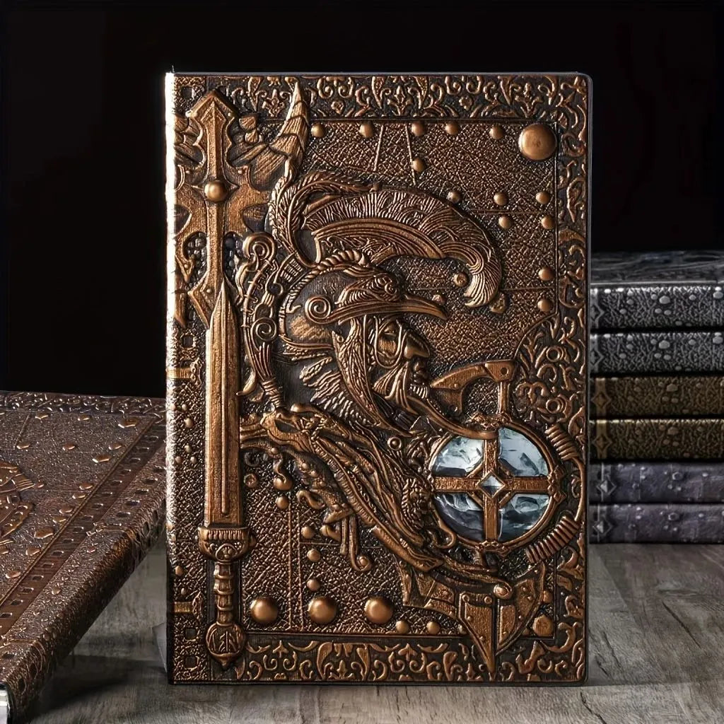 A5 leather notebook with embossed 3D warriors relief design on the cover, shown open.