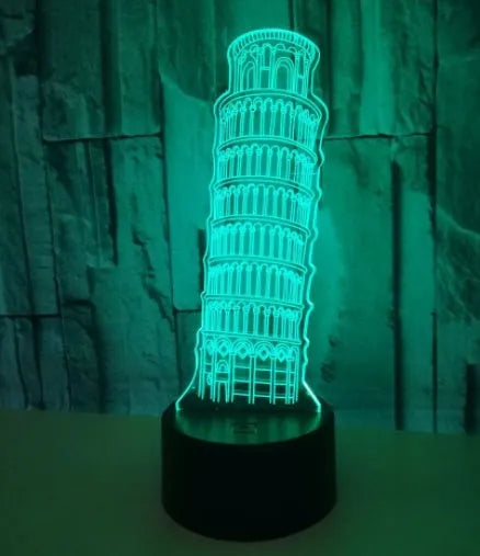 3D Leaning Tower of Pisa acrylic night light on black ABS base, displaying blue LED illumination.