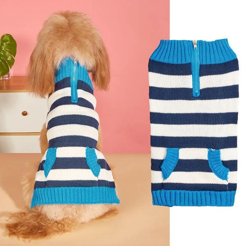Grey dog sweater with horizontal front zipper and contrast colour button pocket on small breed dog