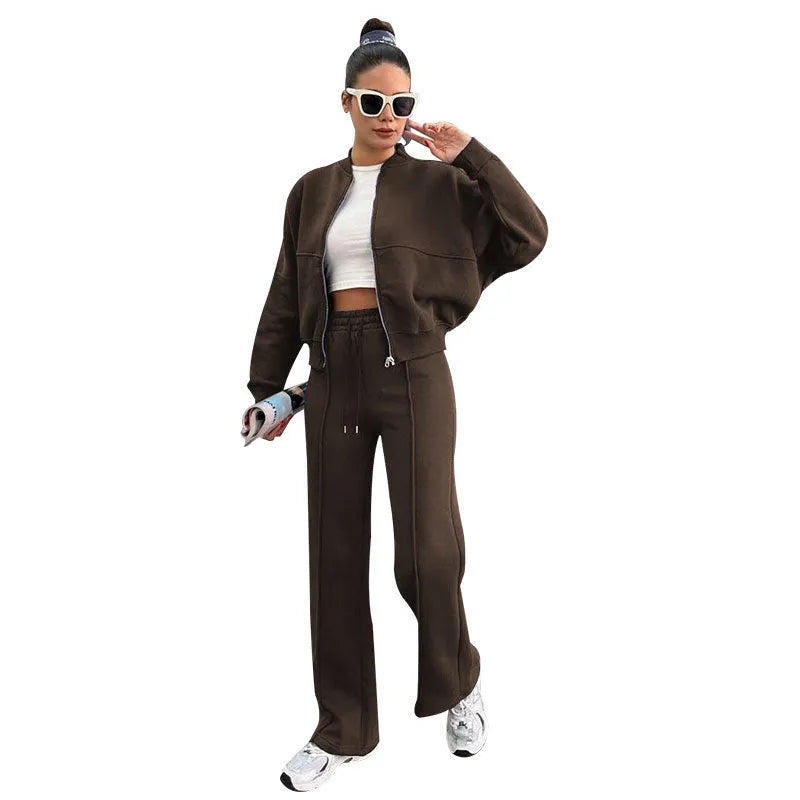 Women's fleece zipper cardigan and straight trousers suit in seven colours, long sleeve, collage stitching, sizes S to XXL