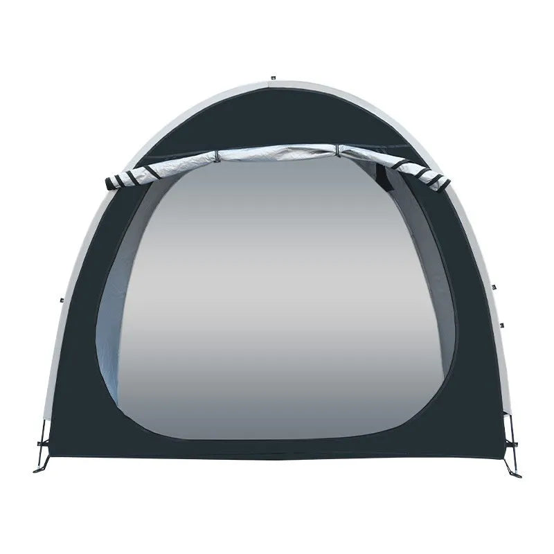 Large black outdoor bicycle storage tent sheltering multiple bikes
