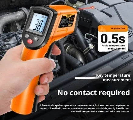 High precision infrared thermometer for industrial use, handheld device in black and orange