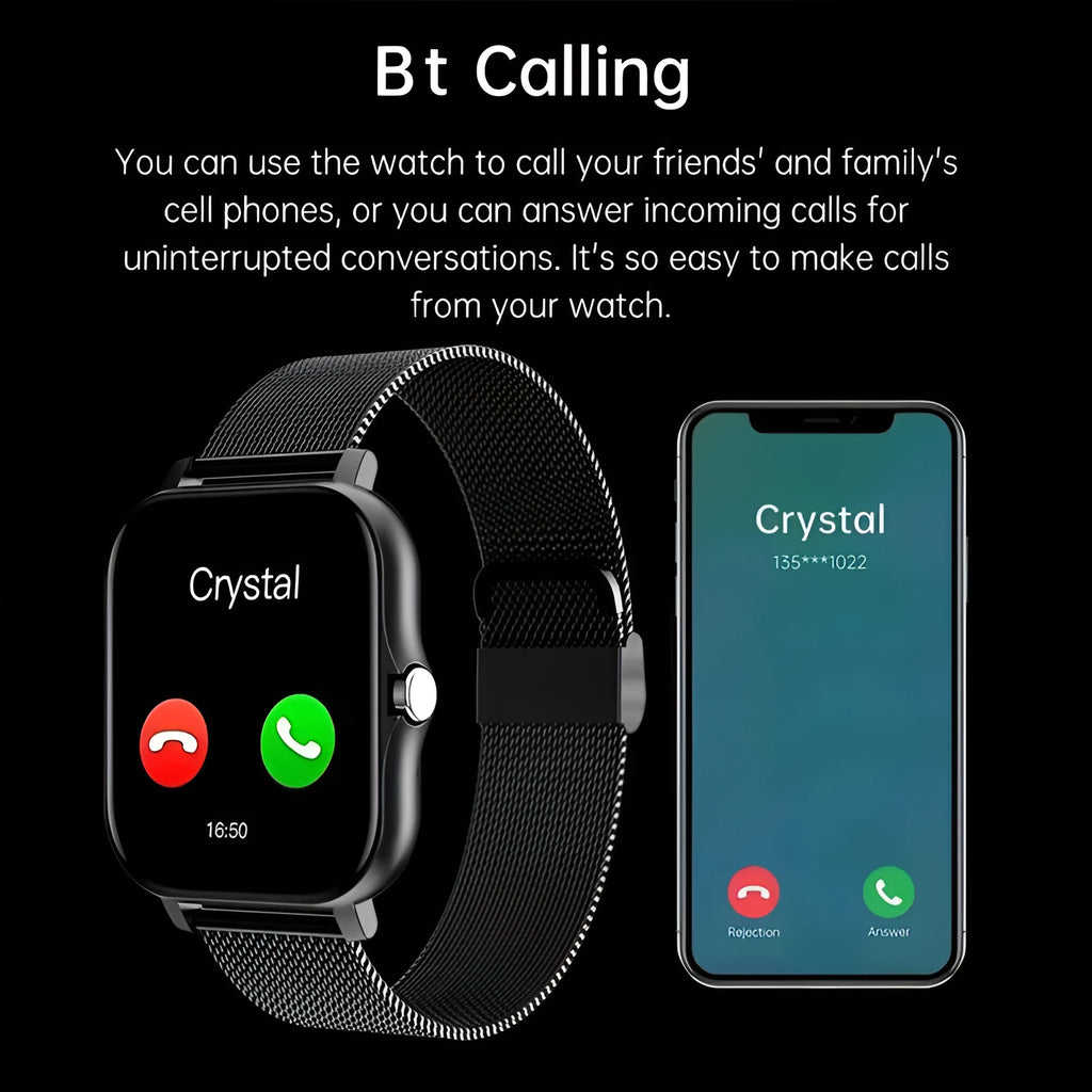 Smart watch with colour touchscreen on a silicone strap, showing a call interface and health metrics.