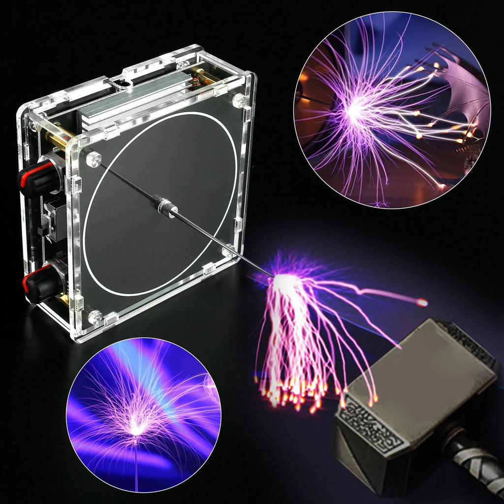 Music tesla coil with touchable arc plasma lightning on a desk next to a power supply