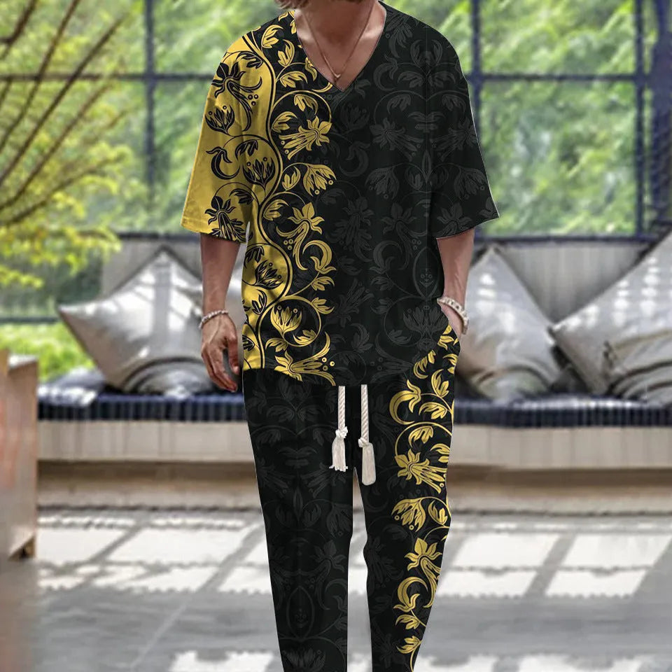 Cropped sleeves v-neck trousers suit in thin polyester fabric with coordinating jacket and trousers