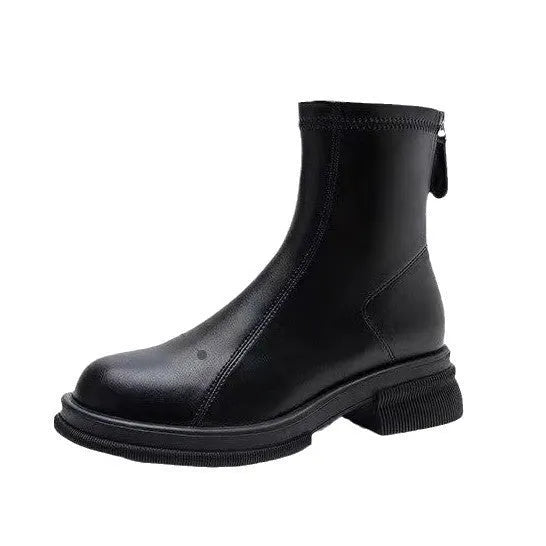 Women's black ankle boots with thick flat heels and back zipper fastening