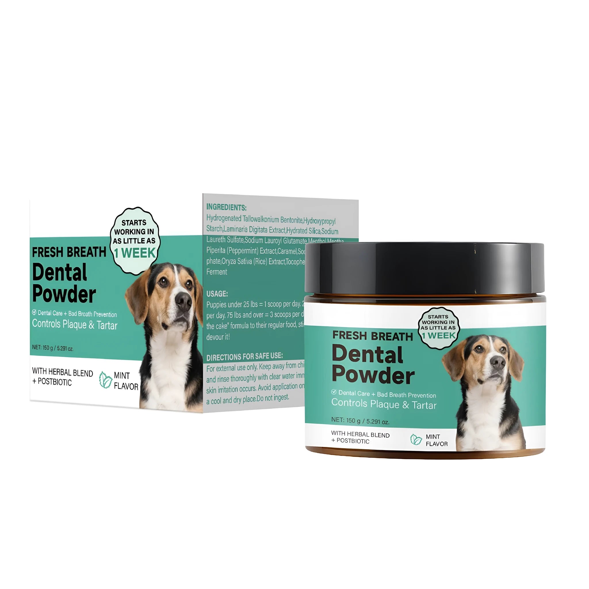 150g dog dental powder container with natural mint flavour for tooth cleaning