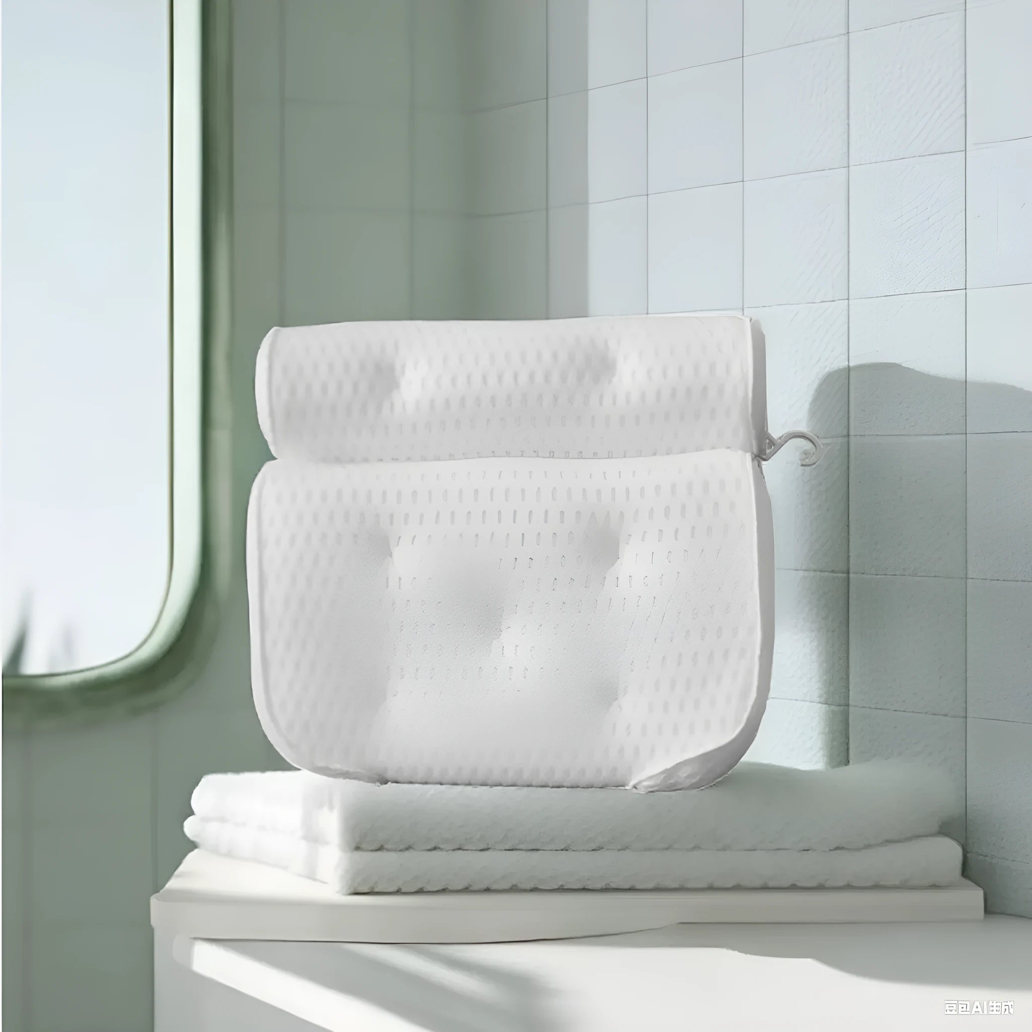 White 4D mesh bathtub pillow with suction cups on a clean bathtub surface.