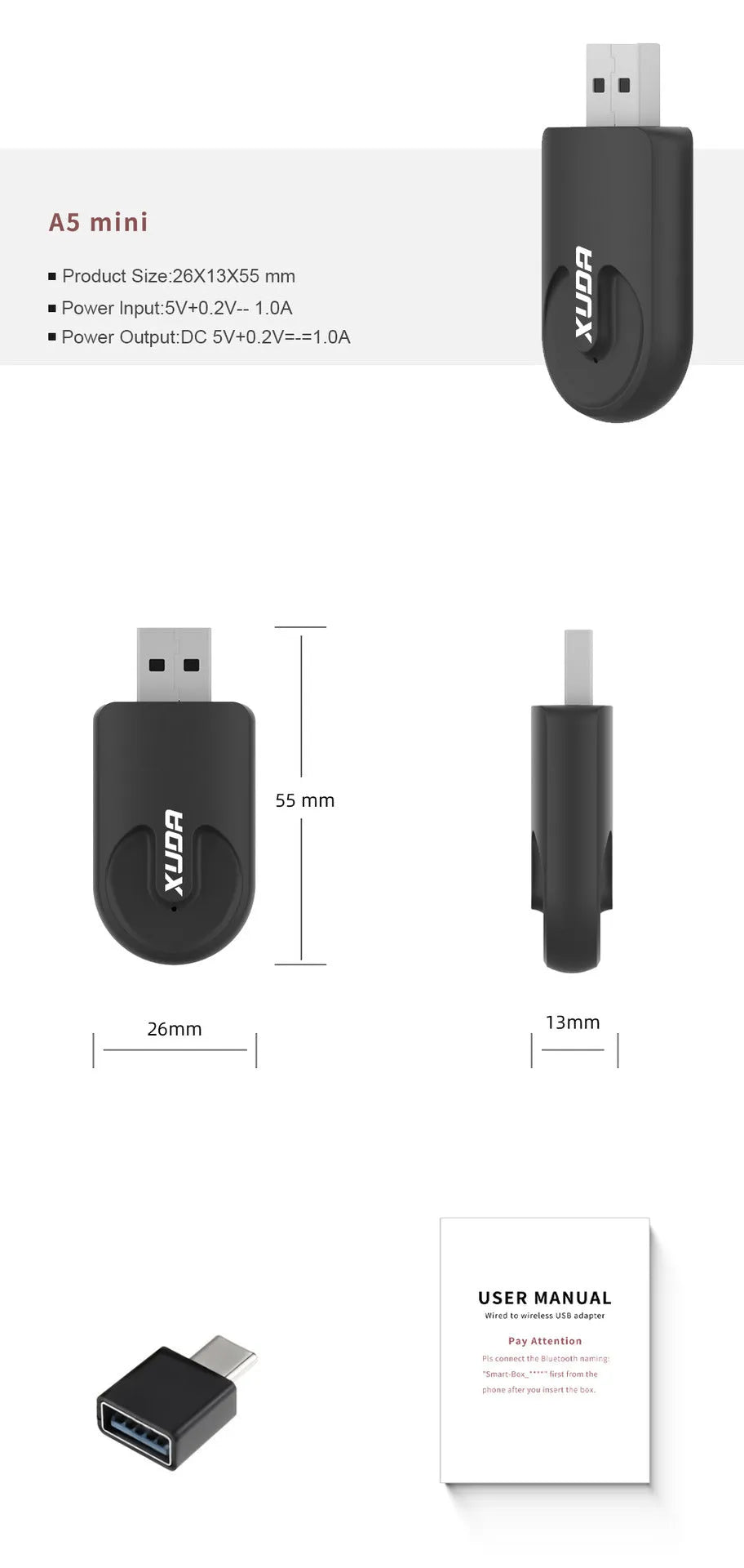 Black mini CarPlay USB interface adapter measuring 26×55×13mm with USB connector