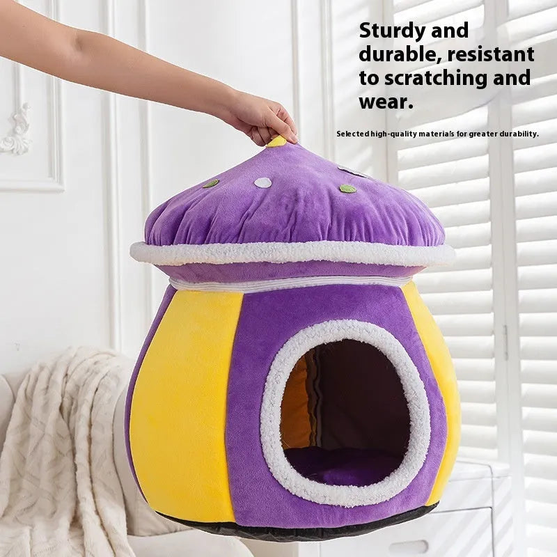 Mushroom-shaped cat bed in rabbit plush material showing grey, pink and purple colour options