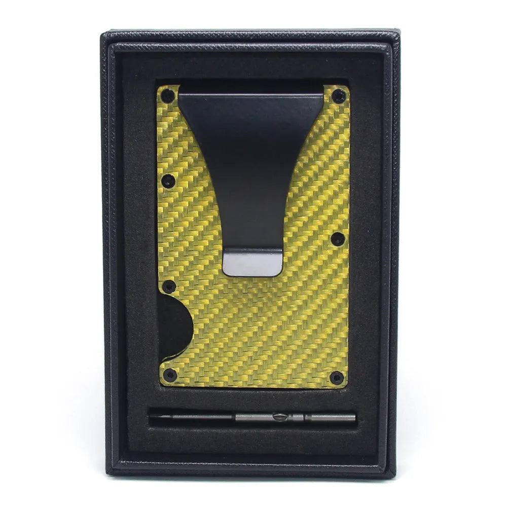 Carbon fibre card wallet in black showing geometry design with multiple card slots at 8mm thickness