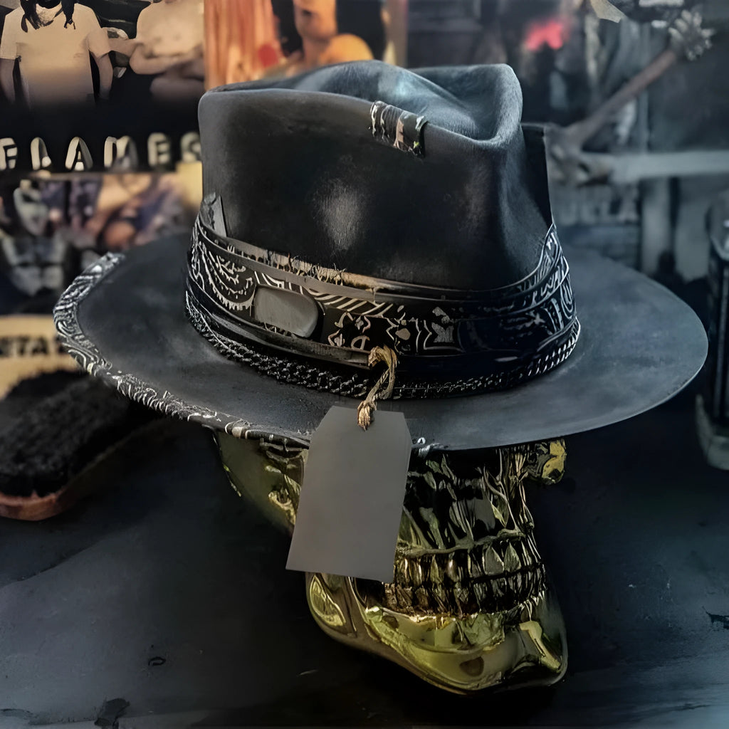 Handmade wool felt skull hat with a pointed conical crown for Halloween.