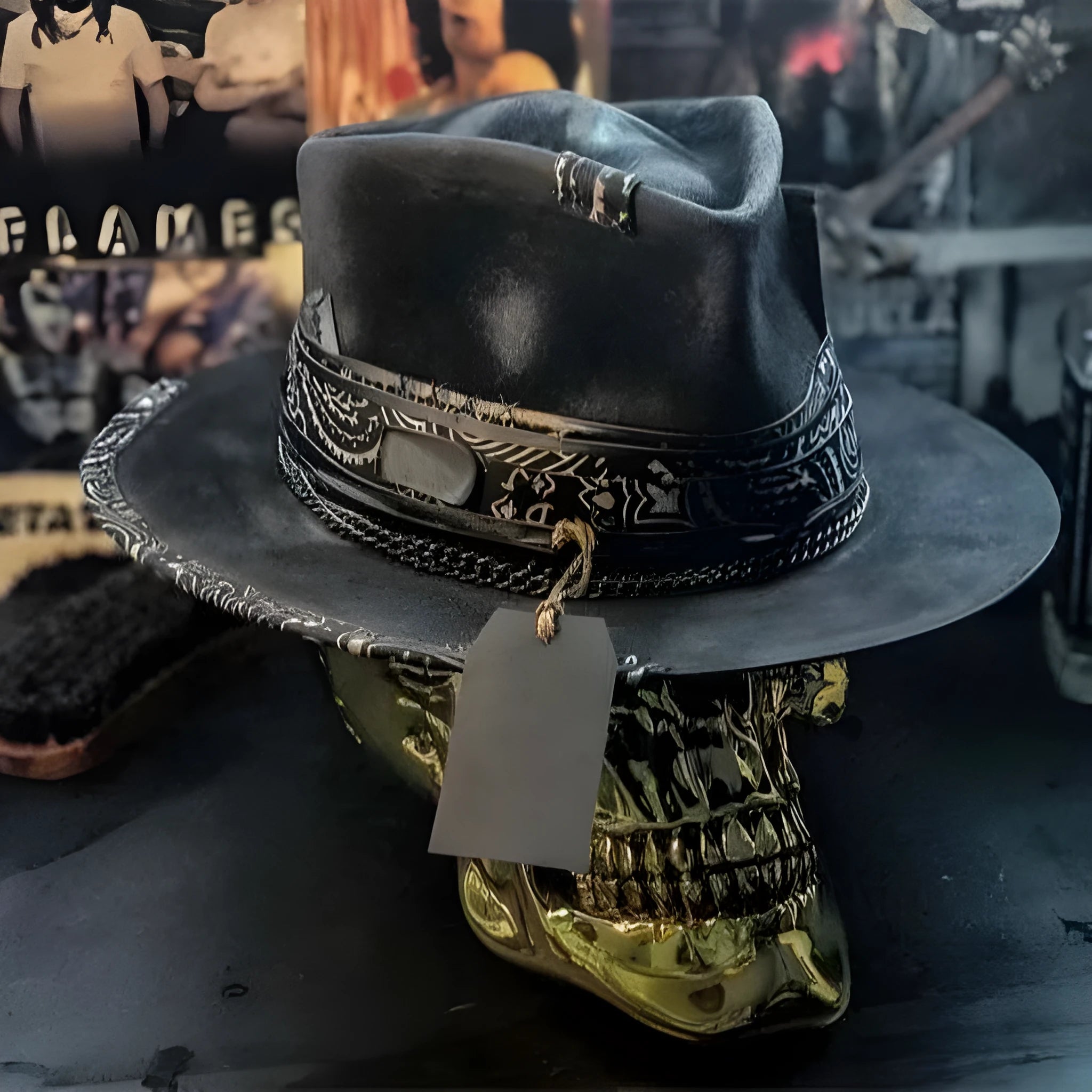 Handmade wool felt skull hat with a pointed conical crown for Halloween.