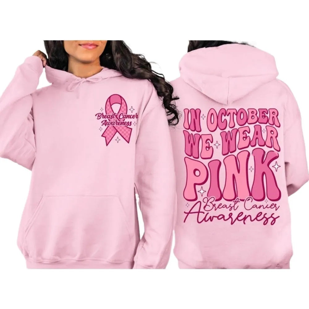 Pink Breast Cancer Awareness hoodie with retro hot stamp pattern and side seam pockets.