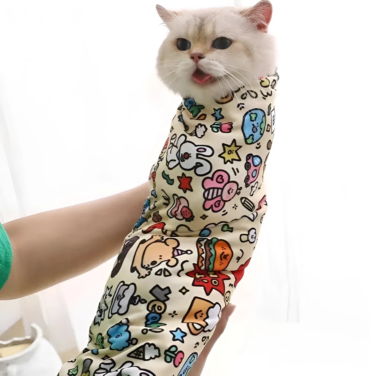 Nylon cosmetic bag with cartoon cat design showing animal print pattern and size options