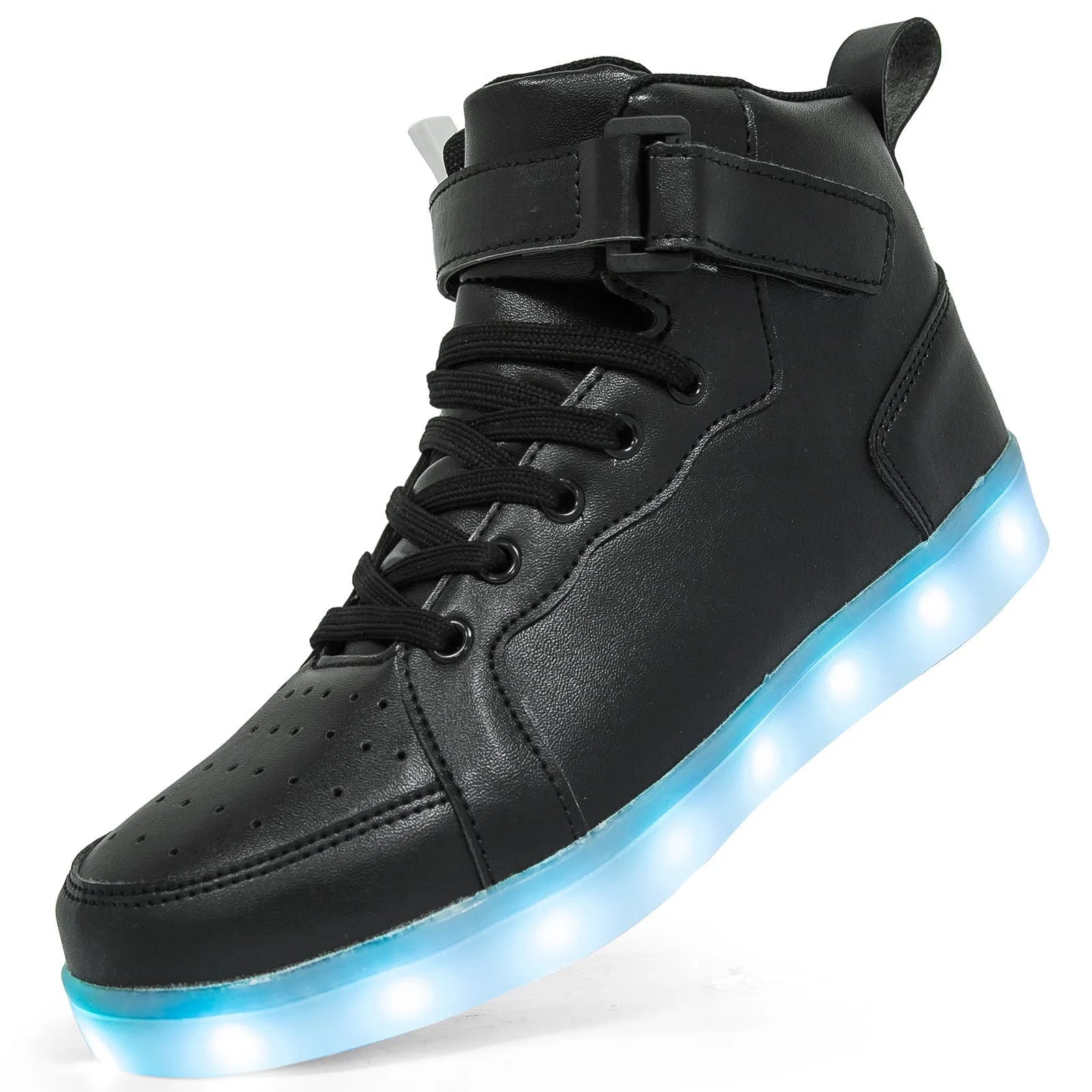 Pair of black high-top shoes with velcro strap and glowing LED lights on the soles.